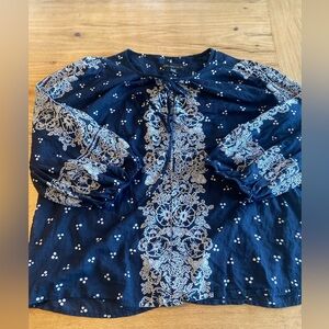Joan Voss Navy White Peasant Handkerchief Blouse‎ Women’s XL Preloved